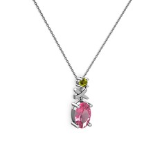 Oval Taşlı X kolye - Pembe kuvars ve peridot 8 ayar beyaz altın kolye (40 cm gümüş rolo zincir) #i7v0ci