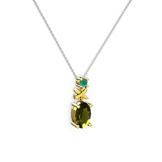 Oval Taşlı X kolye - Peridot ve kök zümrüt 8 ayar altın kolye (40 cm beyaz altın rolo zincir) #i8ukzh