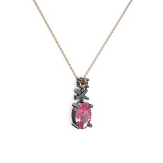 Oval Taşlı X kolye - Pembe kuvars ve dumanlı kuvars 925 ayar siyah rodyum kaplama gümüş kolye (40 cm rose altın rolo zincir) #id6900