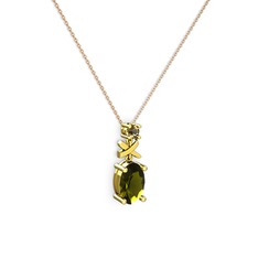 Oval Taşlı X kolye - Peridot ve dumanlı kuvars 925 ayar altın kaplama gümüş kolye (40 cm rose altın rolo zincir) #il6913