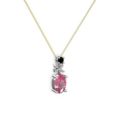 Oval Taşlı X kolye - Pembe kuvars ve siyah zirkon 8 ayar beyaz altın kolye (40 cm altın rolo zincir) #j15qjt