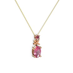 Oval Taşlı X kolye - Pembe kuvars ve kök yakut 8 ayar rose altın kolye (40 cm altın rolo zincir) #j363qm