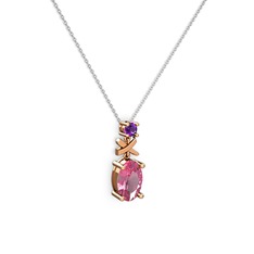 Oval Taşlı X kolye - Pembe kuvars ve ametist 14 ayar rose altın kolye (40 cm beyaz altın rolo zincir) #j6lx16