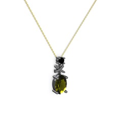 Oval Taşlı X kolye - Peridot ve siyah zirkon 925 ayar siyah rodyum kaplama gümüş kolye (40 cm altın rolo zincir) #jbcps0