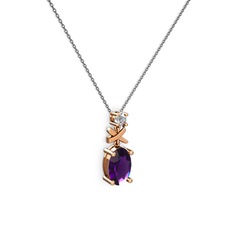 Oval Taşlı X kolye - Ametist ve pırlanta 18 ayar rose altın kolye (0.24 karat, 40 cm gümüş rolo zincir) #jcy2oy