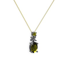 Oval Taşlı X kolye - Peridot 925 ayar siyah rodyum kaplama gümüş kolye (40 cm gümüş rolo zincir) #jdmw7v