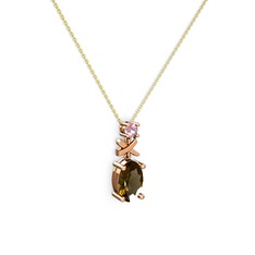 Oval Taşlı X kolye - Dumanlı kuvars ve pembe kuvars 18 ayar rose altın kolye (40 cm altın rolo zincir) #jkdvgk