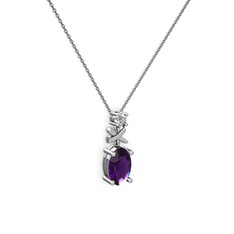 Oval Taşlı X kolye - Ametist ve pırlanta 14 ayar beyaz altın kolye (0.24 karat, 40 cm gümüş rolo zincir) #jmujq5
