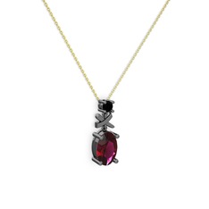 Oval Taşlı X kolye - Rodolit garnet ve siyah zirkon 925 ayar siyah rodyum kaplama gümüş kolye (40 cm gümüş rolo zincir) #jopvsy