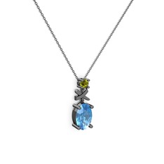 Oval Taşlı X kolye - Akuamarin ve peridot 925 ayar siyah rodyum kaplama gümüş kolye (40 cm gümüş rolo zincir) #jqsknj