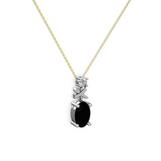 Oval Taşlı X kolye - Siyah zirkon ve swarovski 18 ayar beyaz altın kolye (40 cm gümüş rolo zincir) #k429xw