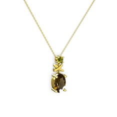 Oval Taşlı X kolye - Dumanlı kuvars ve peridot 14 ayar altın kolye (40 cm gümüş rolo zincir) #kl3687