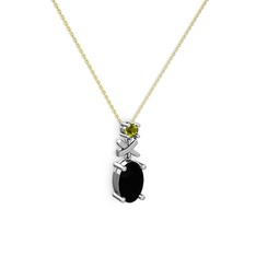 Oval Taşlı X kolye - Siyah zirkon ve peridot 14 ayar beyaz altın kolye (40 cm altın rolo zincir) #km6d1n
