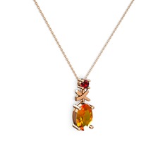 Oval Taşlı X kolye - Sitrin ve garnet 925 ayar rose altın kaplama gümüş kolye (40 cm gümüş rolo zincir) #l5e88