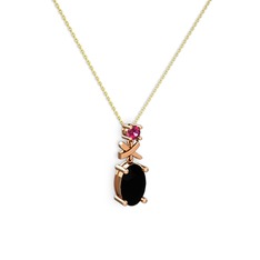 Oval Taşlı X kolye - Siyah zirkon ve rodolit garnet 18 ayar rose altın kolye (40 cm altın rolo zincir) #lxa8ww