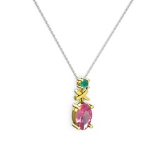 Oval Taşlı X kolye - Pembe kuvars ve kök zümrüt 14 ayar altın kolye (40 cm beyaz altın rolo zincir) #m1nwg0