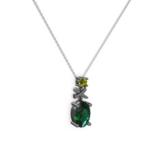 Oval Taşlı X kolye - Yeşil kuvars ve peridot 925 ayar siyah rodyum kaplama gümüş kolye (40 cm beyaz altın rolo zincir) #m293gh