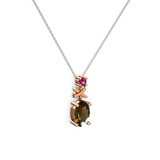 Oval Taşlı X kolye - Dumanlı kuvars ve rodolit garnet 14 ayar rose altın kolye (40 cm beyaz altın rolo zincir) #m9v0bj