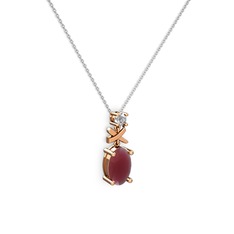 Oval Taşlı X kolye - Kök yakut ve pırlanta 14 ayar rose altın kolye (0.24 karat, 40 cm beyaz altın rolo zincir) #mbd6im
