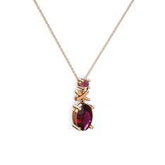 Oval Taşlı X kolye - Rodolit garnet ve kök yakut 18 ayar rose altın kolye (40 cm rose altın rolo zincir) #md1eg3