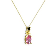 Oval Taşlı X kolye - Pembe kuvars ve siyah zirkon 8 ayar altın kolye (40 cm gümüş rolo zincir) #mqw2dr