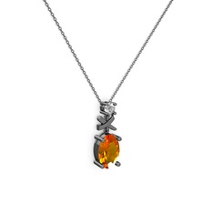 Oval Taşlı X kolye - Sitrin ve swarovski 925 ayar siyah rodyum kaplama gümüş kolye (40 cm gümüş rolo zincir) #n201kj