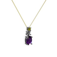 Oval Taşlı X kolye - Ametist ve peridot 925 ayar siyah rodyum kaplama gümüş kolye (40 cm gümüş rolo zincir) #n6nnhz