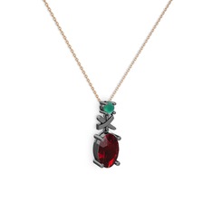 Oval Taşlı X kolye - Garnet ve kök zümrüt 925 ayar siyah rodyum kaplama gümüş kolye (40 cm rose altın rolo zincir) #nb0str