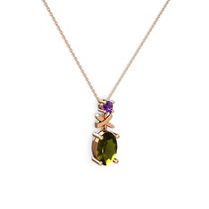 Oval Taşlı X kolye - Peridot ve ametist 14 ayar rose altın kolye (40 cm gümüş rolo zincir) #ndq52s