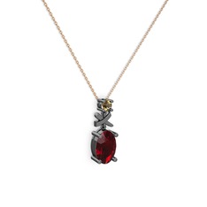 Oval Taşlı X kolye - Garnet ve dumanlı kuvars 925 ayar siyah rodyum kaplama gümüş kolye (40 cm rose altın rolo zincir) #ngkidy