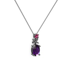 Oval Taşlı X kolye - Ametist ve rodolit garnet 925 ayar siyah rodyum kaplama gümüş kolye (40 cm gümüş rolo zincir) #nm02ld