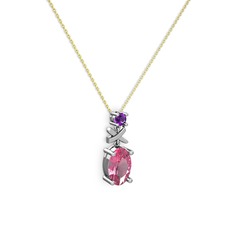 Oval Taşlı X kolye - Pembe kuvars ve ametist 14 ayar beyaz altın kolye (40 cm gümüş rolo zincir) #nrnnii