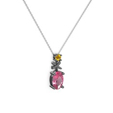 Oval Taşlı X kolye - Pembe kuvars ve sitrin 925 ayar siyah rodyum kaplama gümüş kolye (40 cm beyaz altın rolo zincir) #o7yi7v