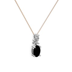Oval Taşlı X kolye - Siyah zirkon ve pırlanta 18 ayar beyaz altın kolye (0.24 karat, 40 cm gümüş rolo zincir) #of0yim