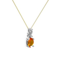 Oval Taşlı X kolye - Sitrin ve swarovski 18 ayar beyaz altın kolye (40 cm gümüş rolo zincir) #ogfm4