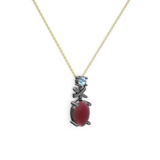 Oval Taşlı X kolye - Kök yakut ve akuamarin 925 ayar siyah rodyum kaplama gümüş kolye (40 cm altın rolo zincir) #oie3je