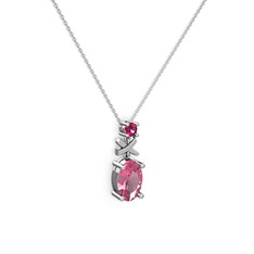 Oval Taşlı X kolye - Pembe kuvars ve rodolit garnet 8 ayar beyaz altın kolye (40 cm beyaz altın rolo zincir) #ot0qb6