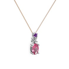 Oval Taşlı X kolye - Pembe kuvars ve ametist 8 ayar beyaz altın kolye (40 cm rose altın rolo zincir) #oy2s9r
