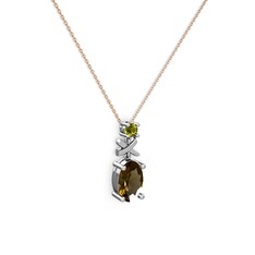 Oval Taşlı X kolye - Dumanlı kuvars ve peridot 14 ayar beyaz altın kolye (40 cm rose altın rolo zincir) #oz7o0b