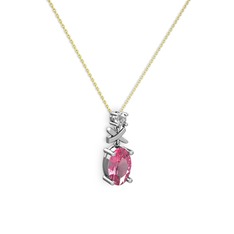 Oval Taşlı X kolye - Pembe kuvars ve pırlanta 14 ayar beyaz altın kolye (0.24 karat, 40 cm gümüş rolo zincir) #p1m80f