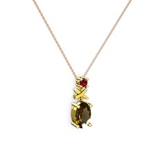 Dumanlı kuvars ve garnet 14 ayar altın kolye (40 cm rose altın rolo zincir)
