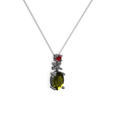 Oval Taşlı X kolye - Peridot ve garnet 925 ayar siyah rodyum kaplama gümüş kolye (40 cm beyaz altın rolo zincir) #p95vf7