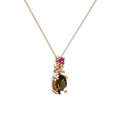 Oval Taşlı X kolye - Dumanlı kuvars ve rodolit garnet 8 ayar rose altın kolye (40 cm rose altın rolo zincir) #pa924y
