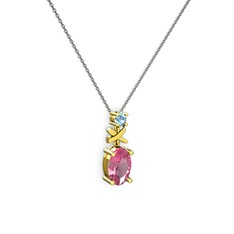Pembe kuvars ve akuamarin 18 ayar altın kolye (40 cm gümüş rolo zincir)