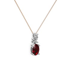 Oval Taşlı X kolye - Garnet ve pırlanta 14 ayar beyaz altın kolye (0.24 karat, 40 cm rose altın rolo zincir) #pgmxqs