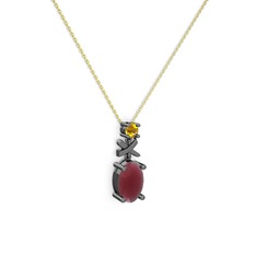 Oval Taşlı X kolye - Kök yakut ve sitrin 925 ayar siyah rodyum kaplama gümüş kolye (40 cm altın rolo zincir) #q23x9g