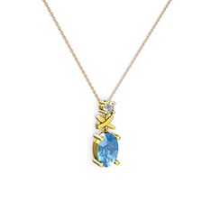 Oval Taşlı X kolye - Akuamarin ve beyaz zirkon 925 ayar altın kaplama gümüş kolye (40 cm rose altın rolo zincir) #q4k0dt