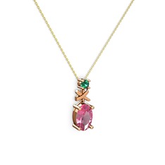 Oval Taşlı X kolye - Pembe kuvars ve yeşil kuvars 18 ayar rose altın kolye (40 cm altın rolo zincir) #q64dd5