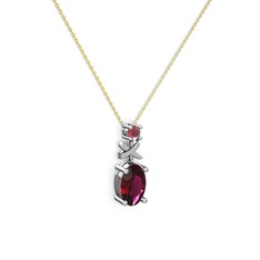 Oval Taşlı X kolye - Rodolit garnet ve kök yakut 8 ayar beyaz altın kolye (40 cm altın rolo zincir) #qea92b