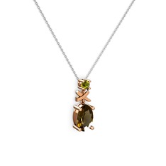 Oval Taşlı X kolye - Dumanlı kuvars ve peridot 14 ayar rose altın kolye (40 cm beyaz altın rolo zincir) #qkkqyv